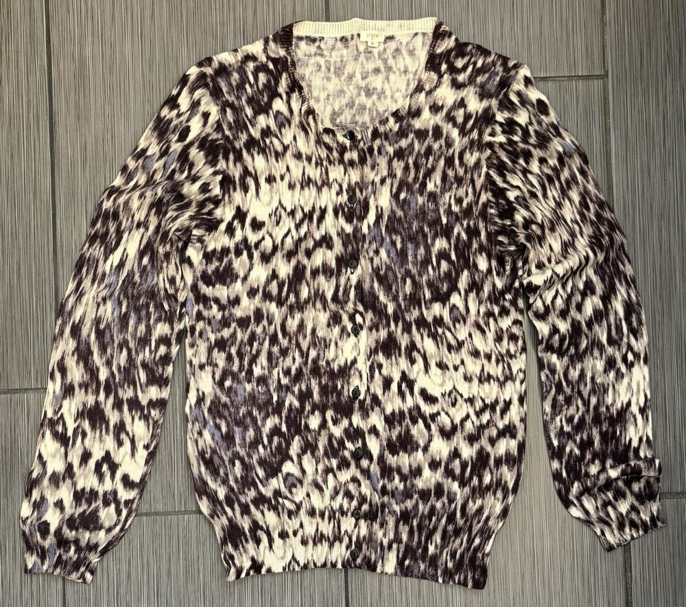J. Crew Button-up Cardigan Black/White Animal Print Women’s Small Merino Wool